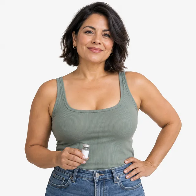 A smiling woman holding up a small medical vial