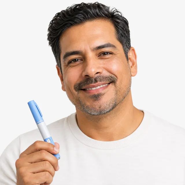 A smiling man holding up a blue injection pen