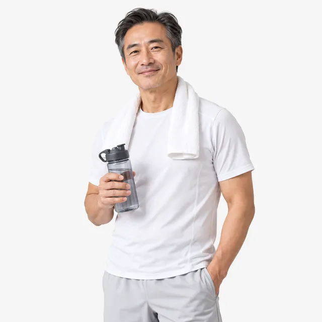 A smiling man with a towel over his shoulders holding a water bottle