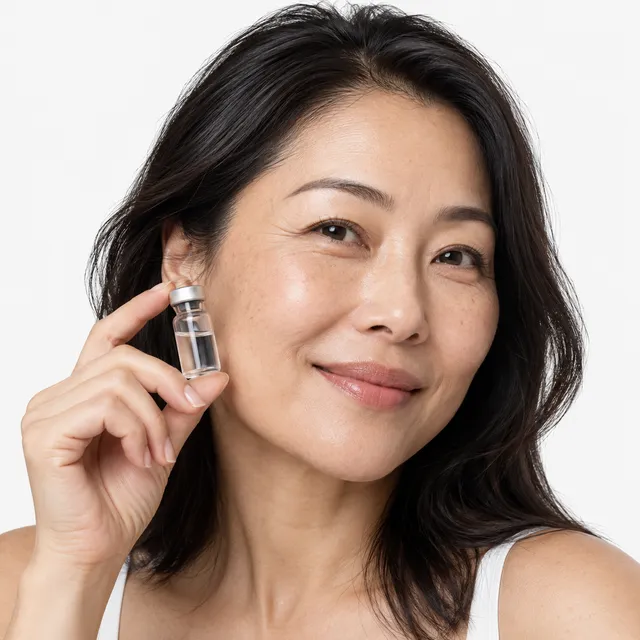 A smiling woman holding a small clear vial beside her face